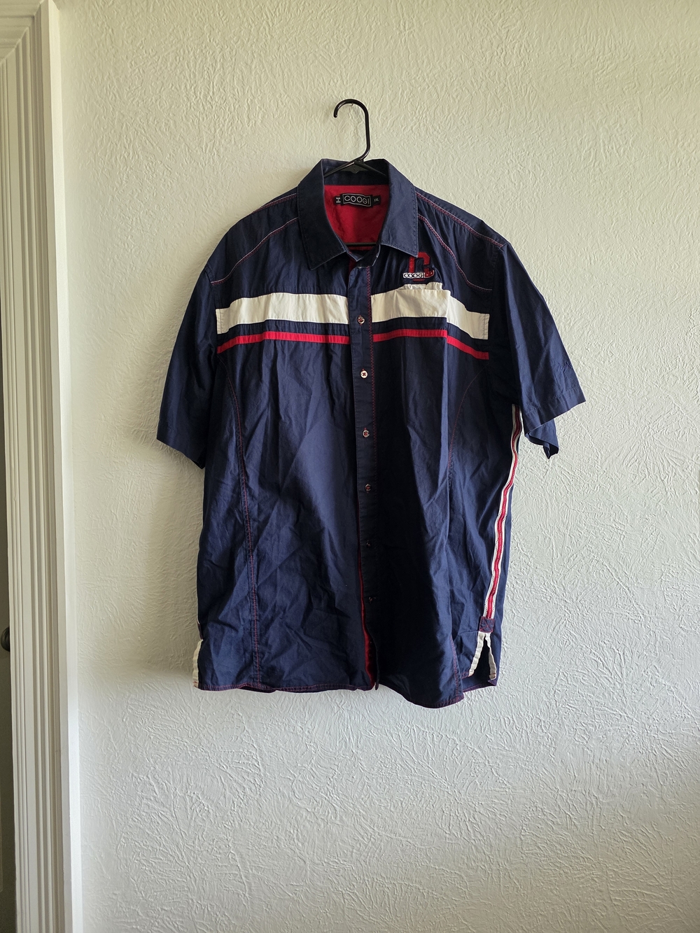 COOGI Navy Short-Sleeve Button-Down with White & Red Stripe Details